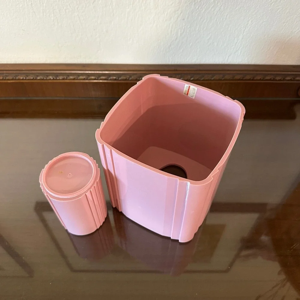Vintage 80s Pink Plastic Bathroom Set Tissue Box Cover Tumbler Ribbed Art Deco